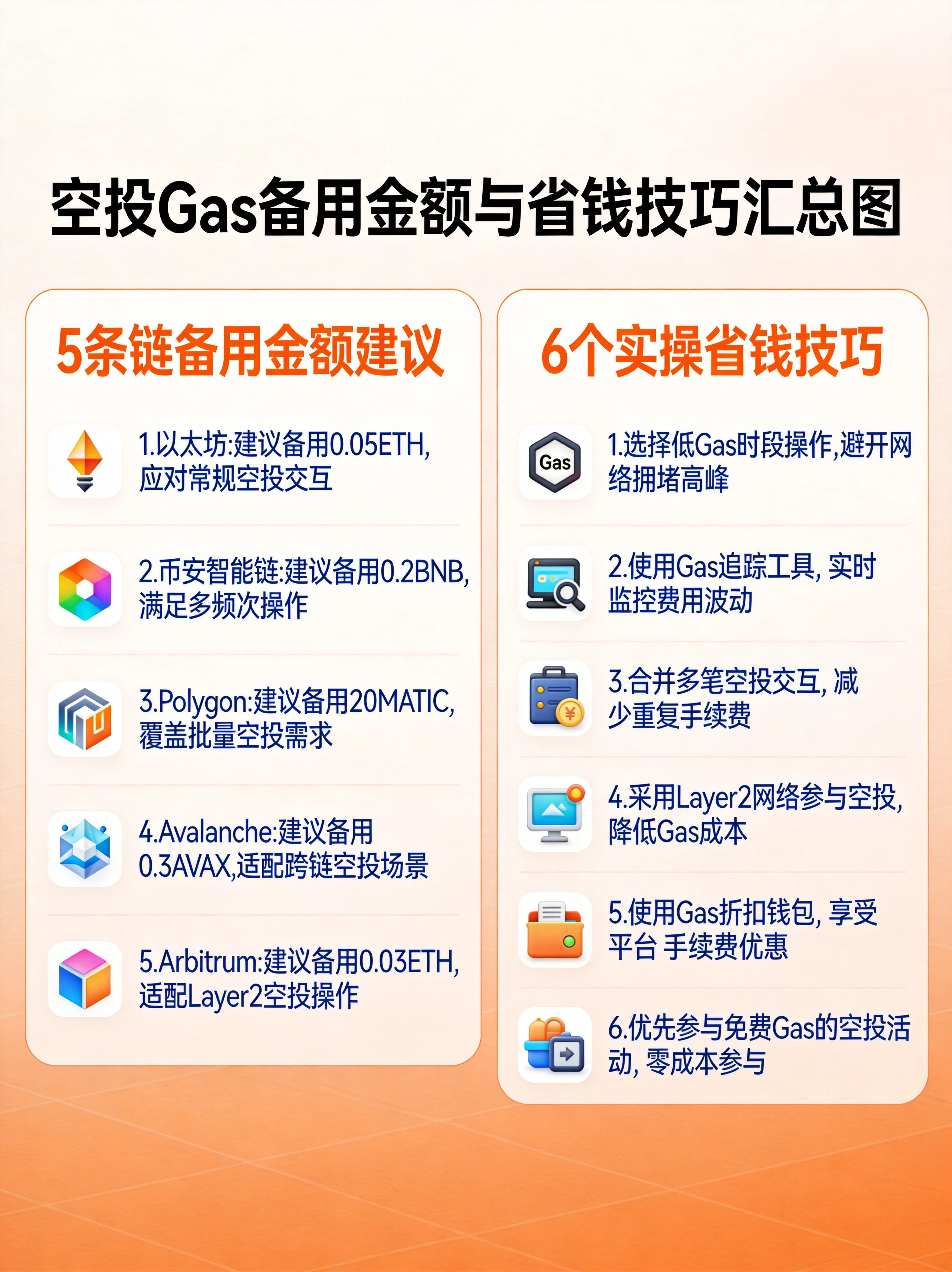 空投实操核心要点汇总图，整合各链备用Gas金额建议和省钱技巧，帮助读者快速掌握低成本参与空投的方法。