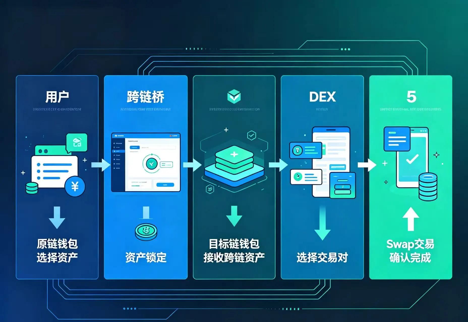 Scroll 跨链与 DEX 交互流程示意图，呈现从以太坊主网跨链资产到 Scroll 链上完成 Swap 交易的完整链路