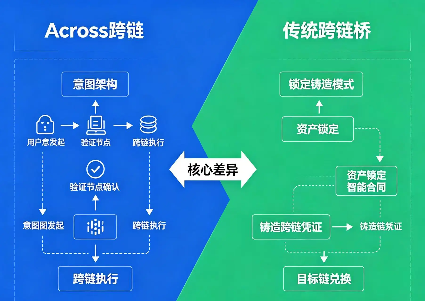 Across 与传统跨链桥机制对比图,呈现意图架构与锁定铸造模式在资金安全、验证逻辑上的核心差异 Across 与传统跨链桥机制对比图,呈现意图架构与锁定铸造模式在资金安全、验证逻辑上的核心差异