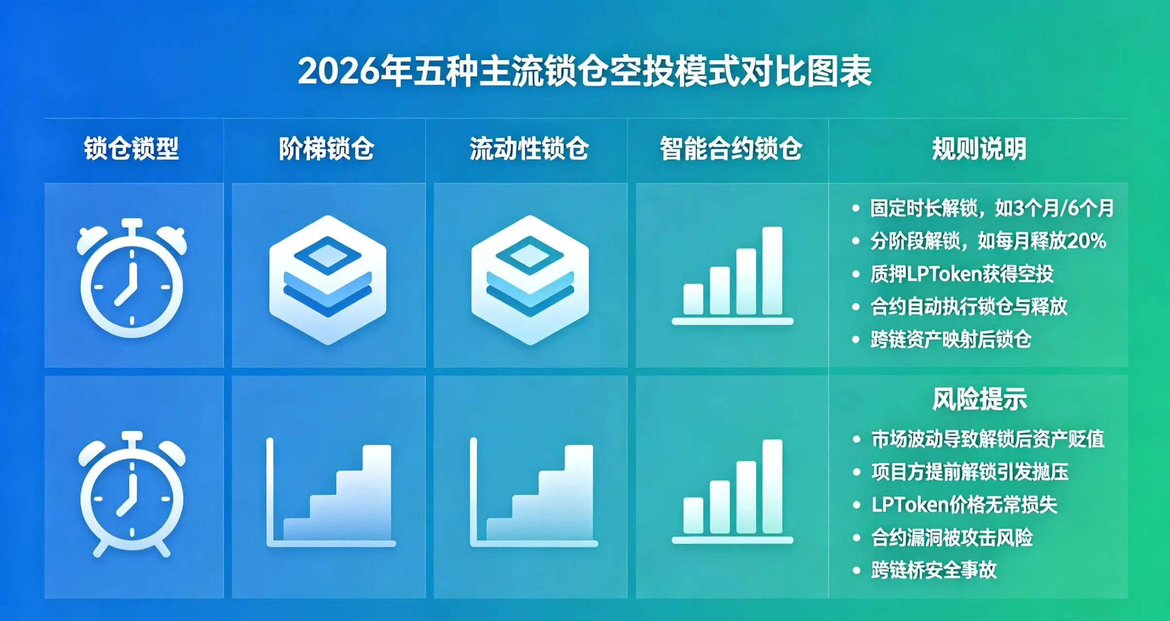 锁仓空投模式对比,展示五种锁仓类型的规则与风险差异 锁仓空投模式对比,展示五种锁仓类型的规则与风险差异