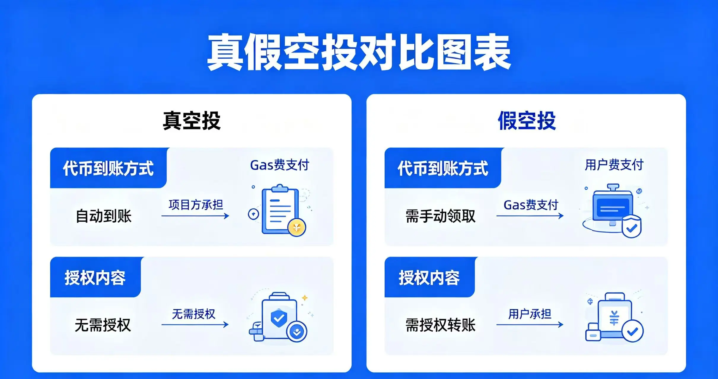 真假空投对比,呈现真空投和假空投在代币到账方式、Gas 费支付、授权内容等方面的差异 真假空投对比,呈现真空投和假空投在代币到账方式、Gas 费支付、授权内容等方面的差异
