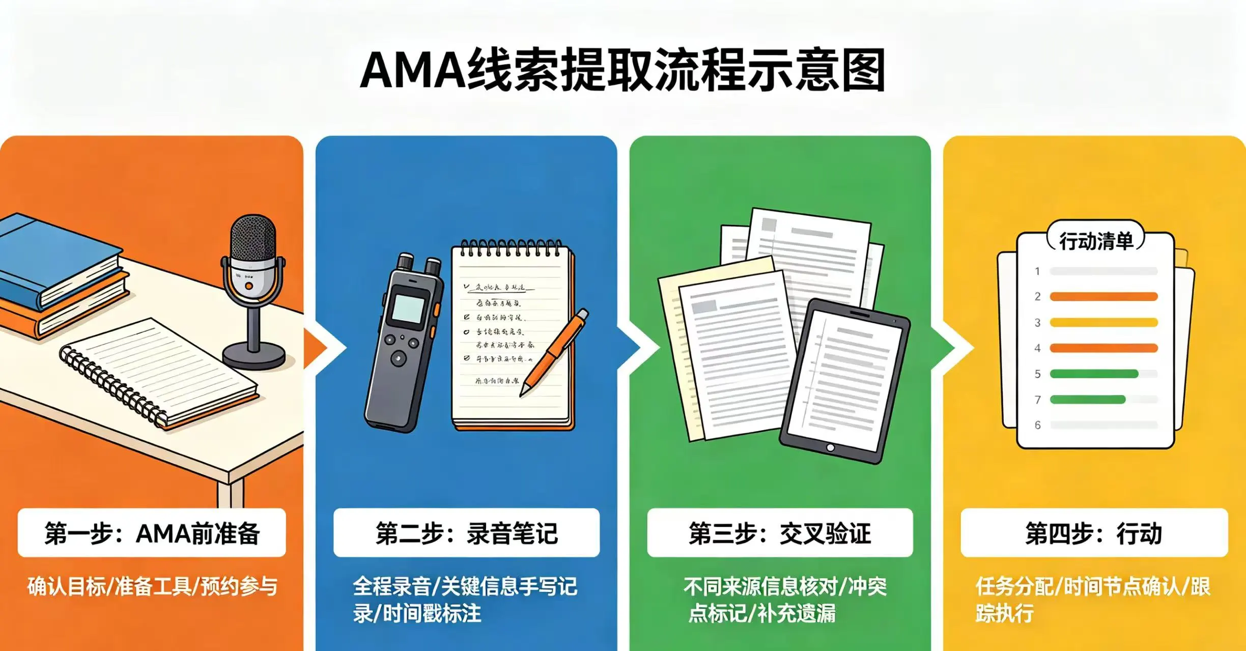 AMA 线索提取流程示意图,展示 AMA 前准备、录音笔记、交叉验证和行动四个步骤。 AMA 线索提取流程示意图,展示 AMA 前准备、录音笔记、交叉验证和行动四个步骤。