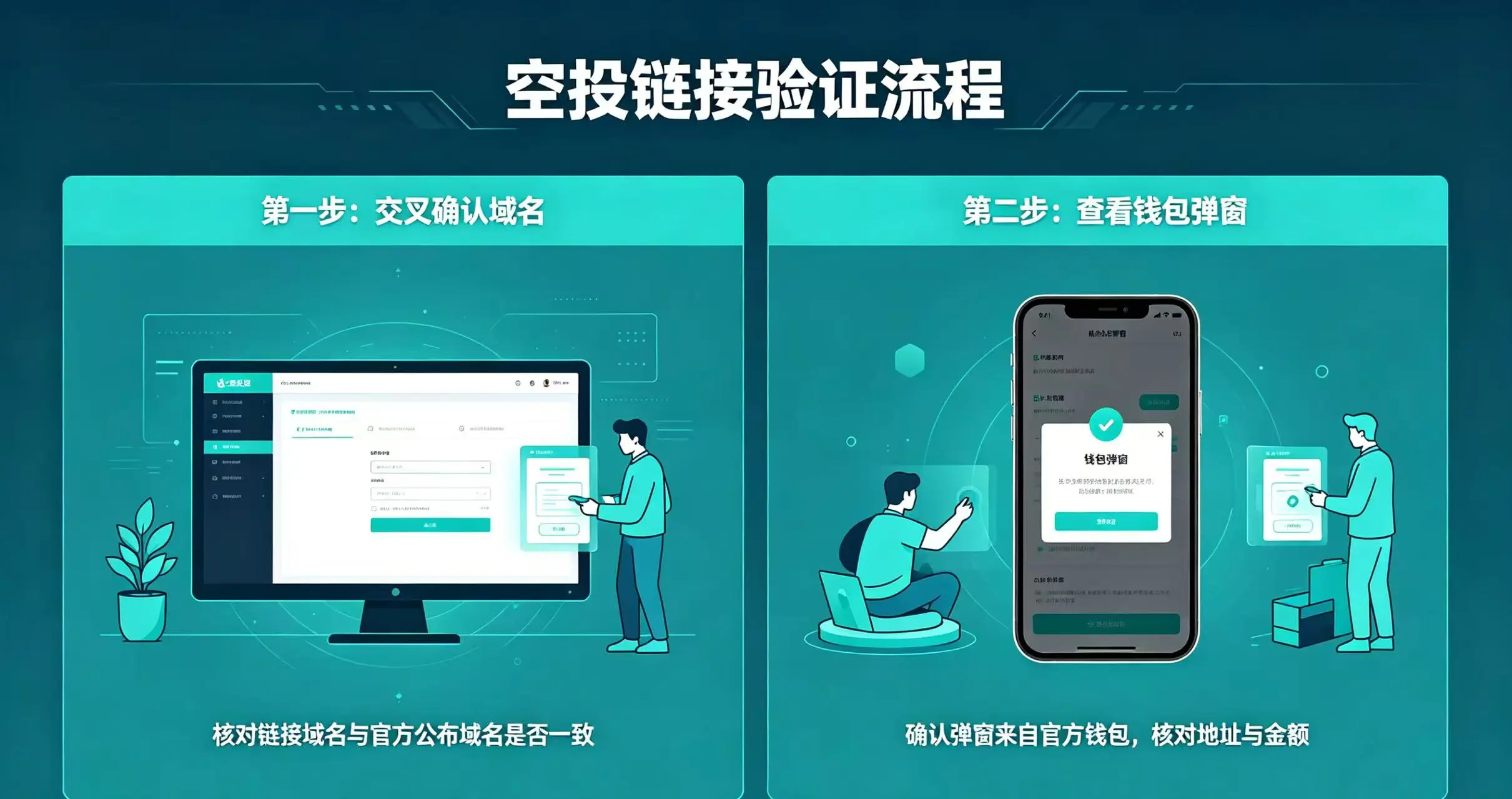 空投链接验证流程示意图,展示交叉确认域名、查看钱包弹窗两个验证步骤。 空投链接验证流程示意图,展示交叉确认域名、查看钱包弹窗两个验证步骤。