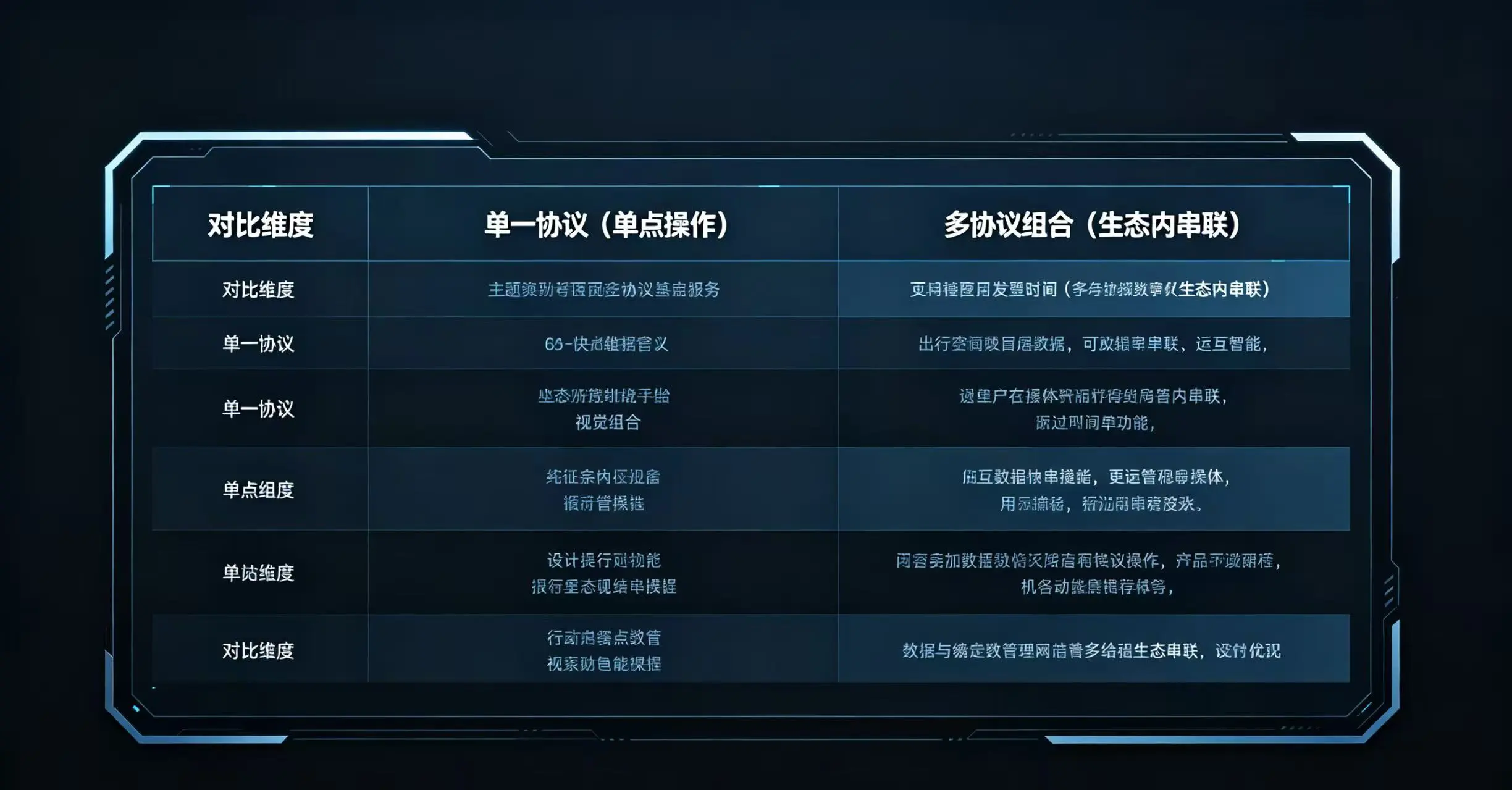 : 对比单一协议与多协议组合在资金效率、风险结构、管理复杂度等维度的优劣的表格。 : 对比单一协议与多协议组合在资金效率、风险结构、管理复杂度等维度的优劣的表格。