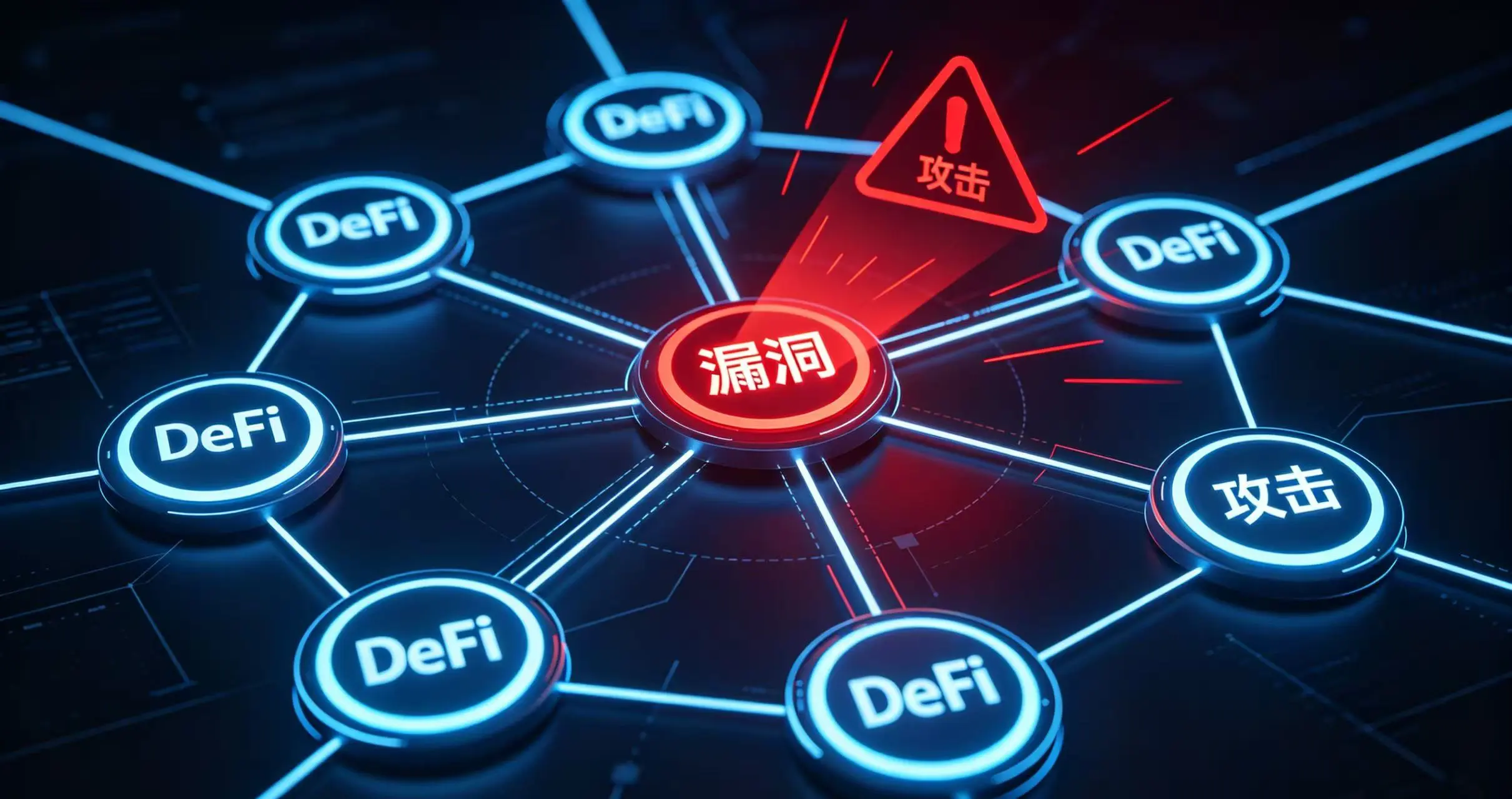 展示一个 DeFi 协议节点出现漏洞或攻击时,红色风险信号如何通过连接线传导至其他所有相关节点的示意图。 展示一个 DeFi 协议节点出现漏洞或攻击时,红色风险信号如何通过连接线传导至其他所有相关节点的示意图。