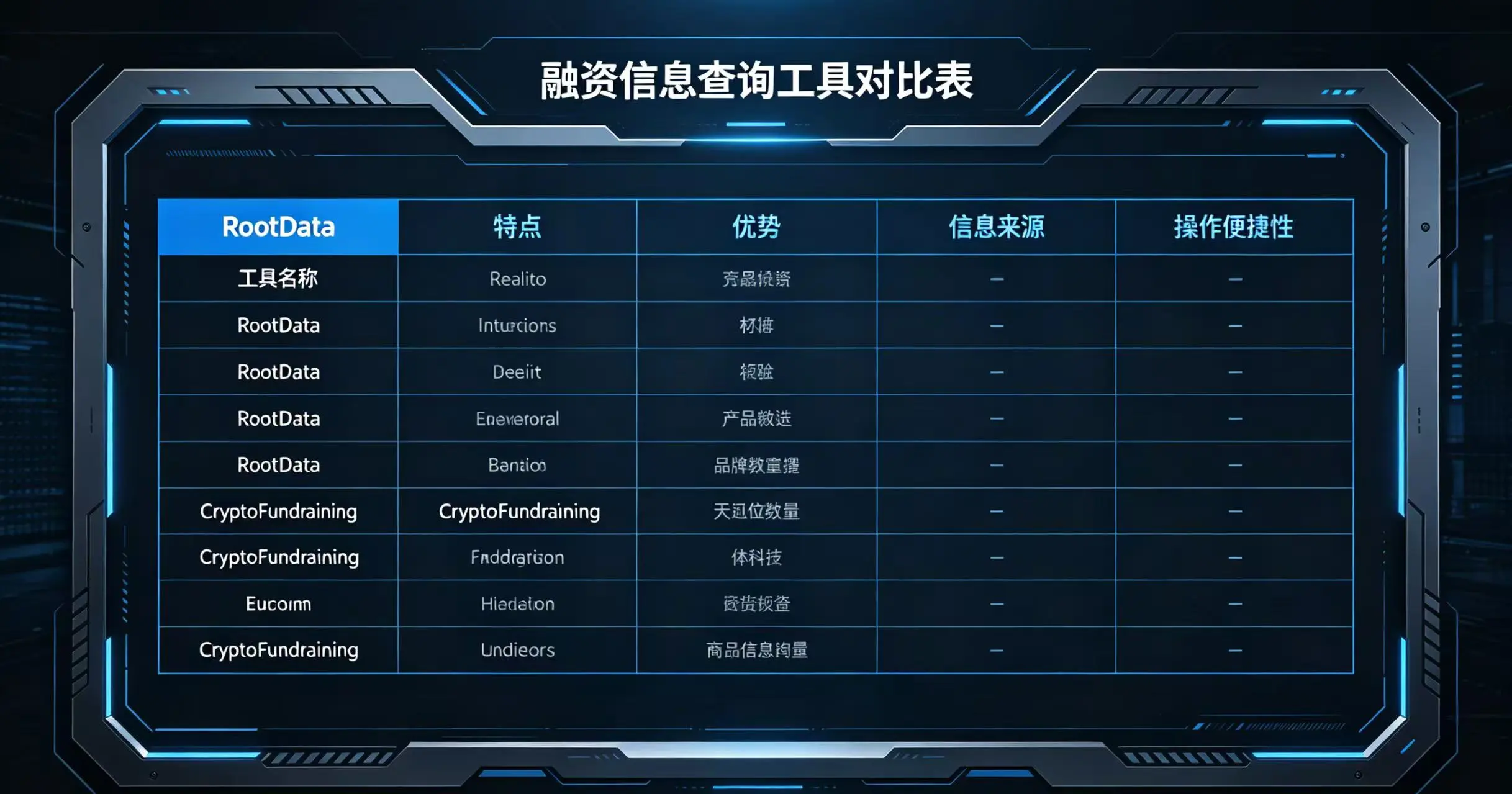 对比 RootData 和 CryptoFundraising 两个工具的特点、优势、信息来源及操作便捷性的表格。 对比 RootData 和 CryptoFundraising 两个工具的特点、优势、信息来源及操作便捷性的表格。