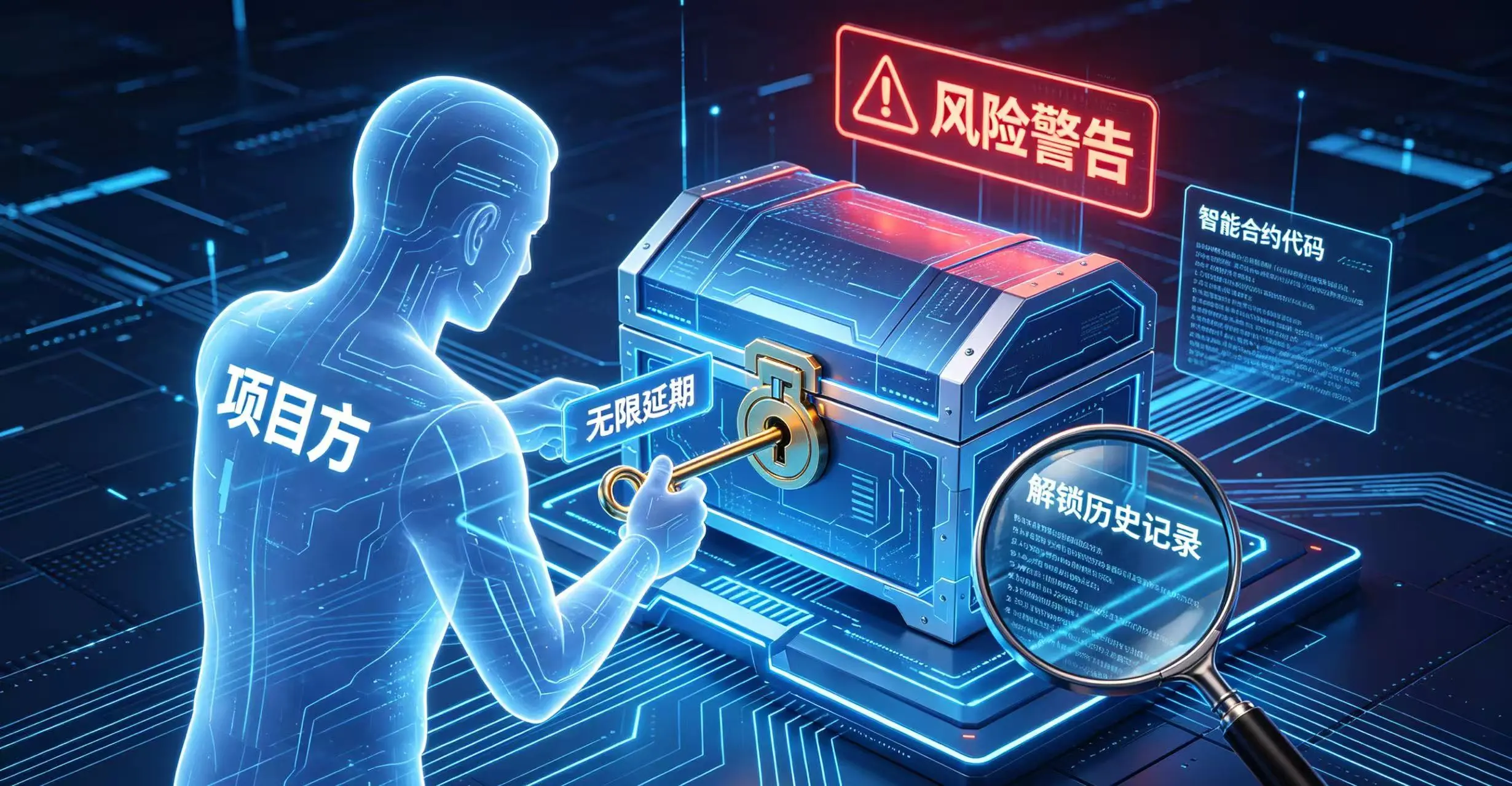 :项目方试图用 “无限延期” 的钥匙拖延解锁,而用户正在检查合约代码和历史记录以识别风险的场景图。 :项目方试图用 “无限延期” 的钥匙拖延解锁,而用户正在检查合约代码和历史记录以识别风险的场景图。