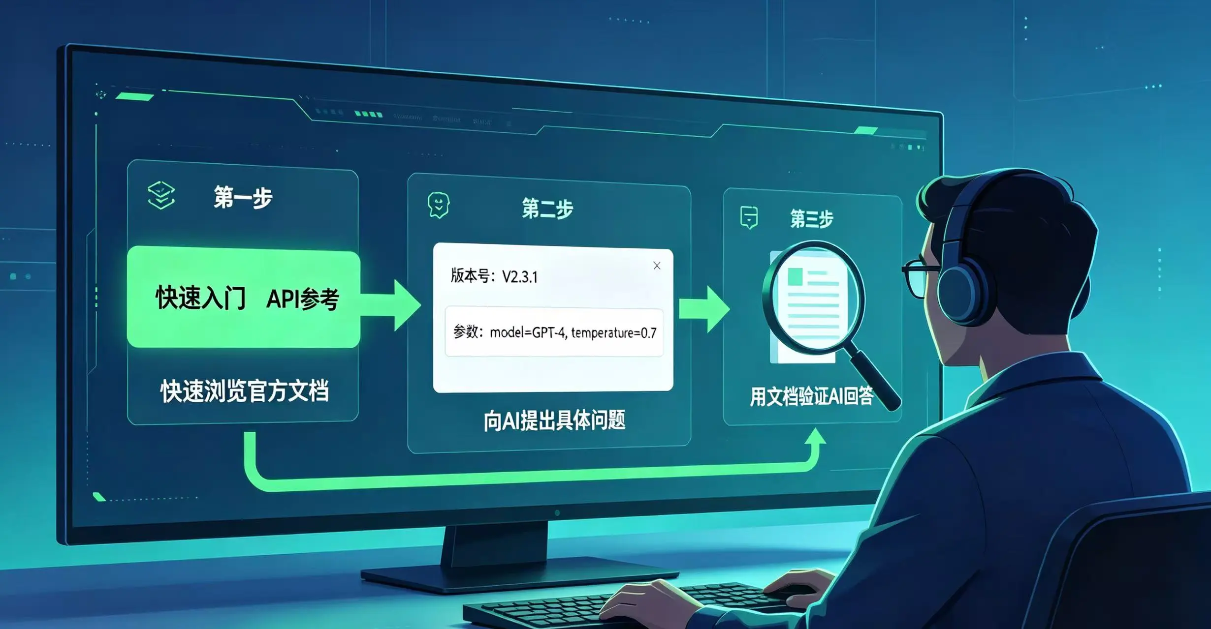 展示 “快速扫文档 -> 问 AI 具体问题 -> 用文档验证” 这一高效交互流程的场景图。 展示 “快速扫文档 -> 问 AI 具体问题 -> 用文档验证” 这一高效交互流程的场景图。