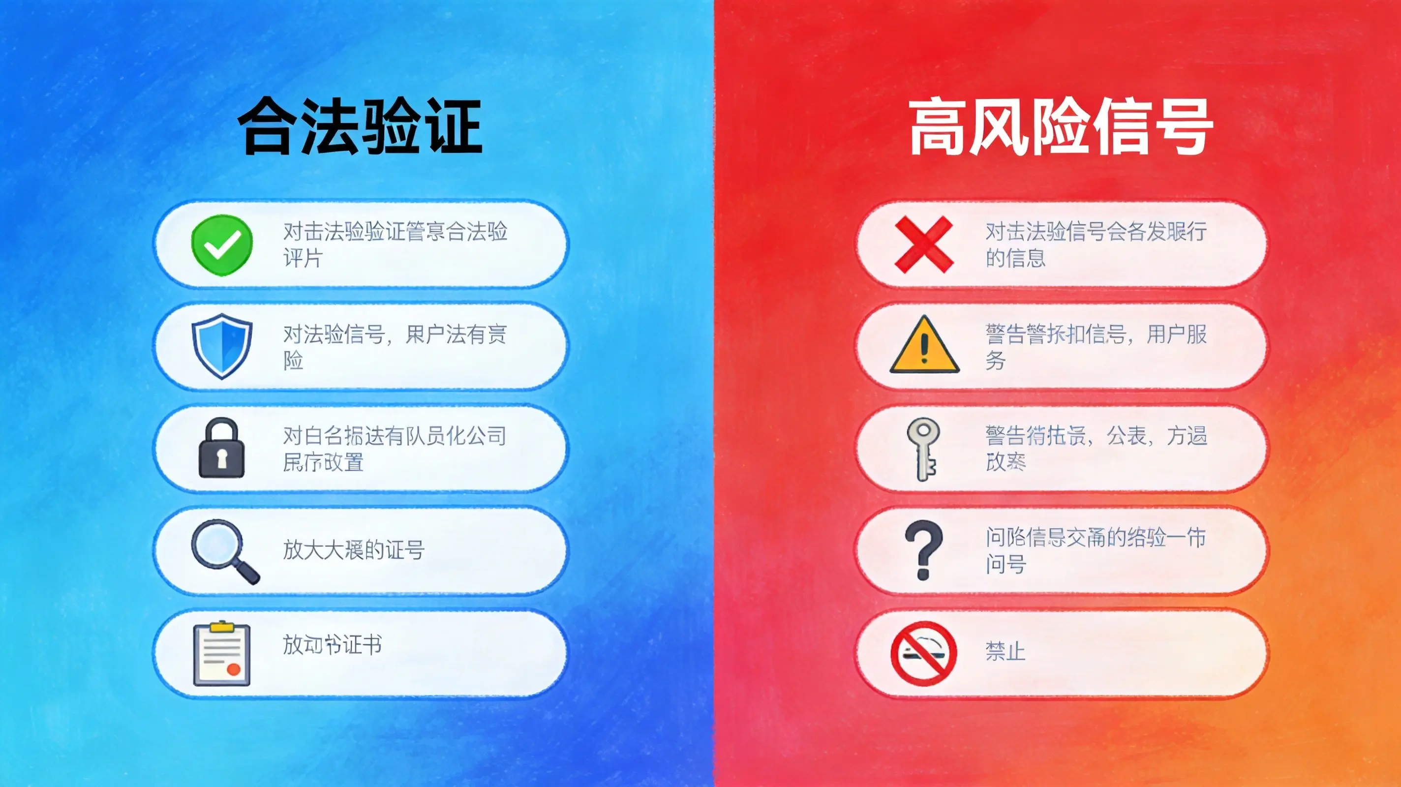 正规验证与高风险信号对比 正规验证与高风险信号对比