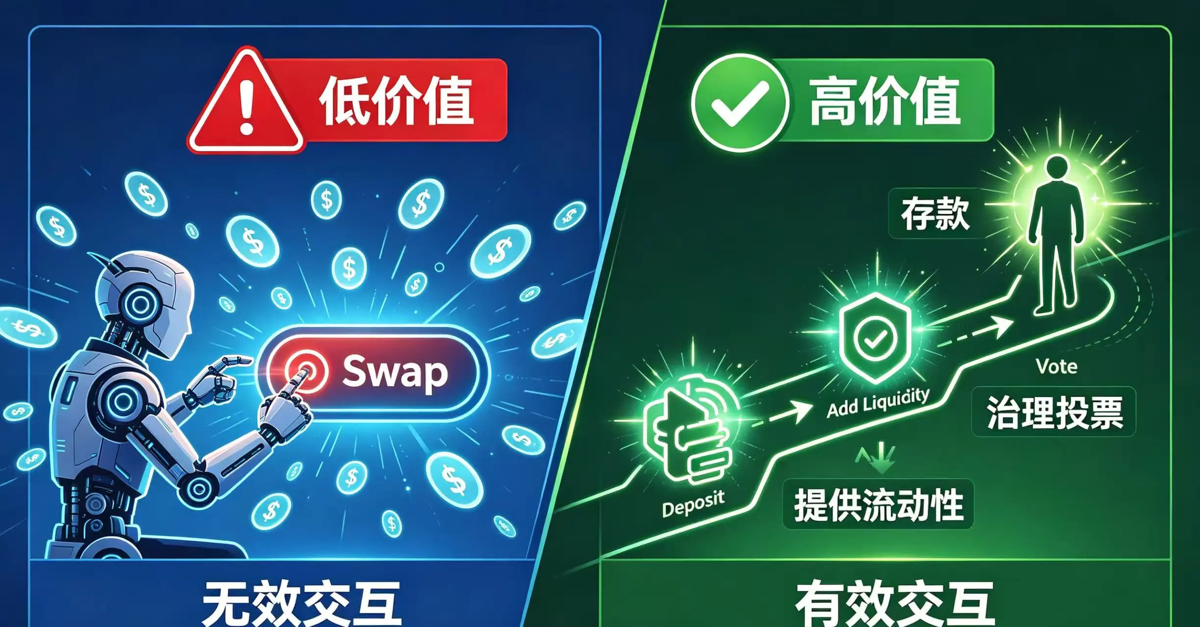 画面一分为二,左边是用户疯狂点击 “Swap” 按钮,产生大量无意义小额交易,标记为 “低价值”;右边是用户完成 “存款 - 提供流动性 - 治理投票” 的完整路径,标记为 “高价值”。 画面一分为二,左边是用户疯狂点击 “Swap” 按钮,产生大量无意义小额交易,标记为 “低价值”;右边是用户完成 “存款 - 提供流动性 - 治理投票” 的完整路径,标记为 “高价值”。