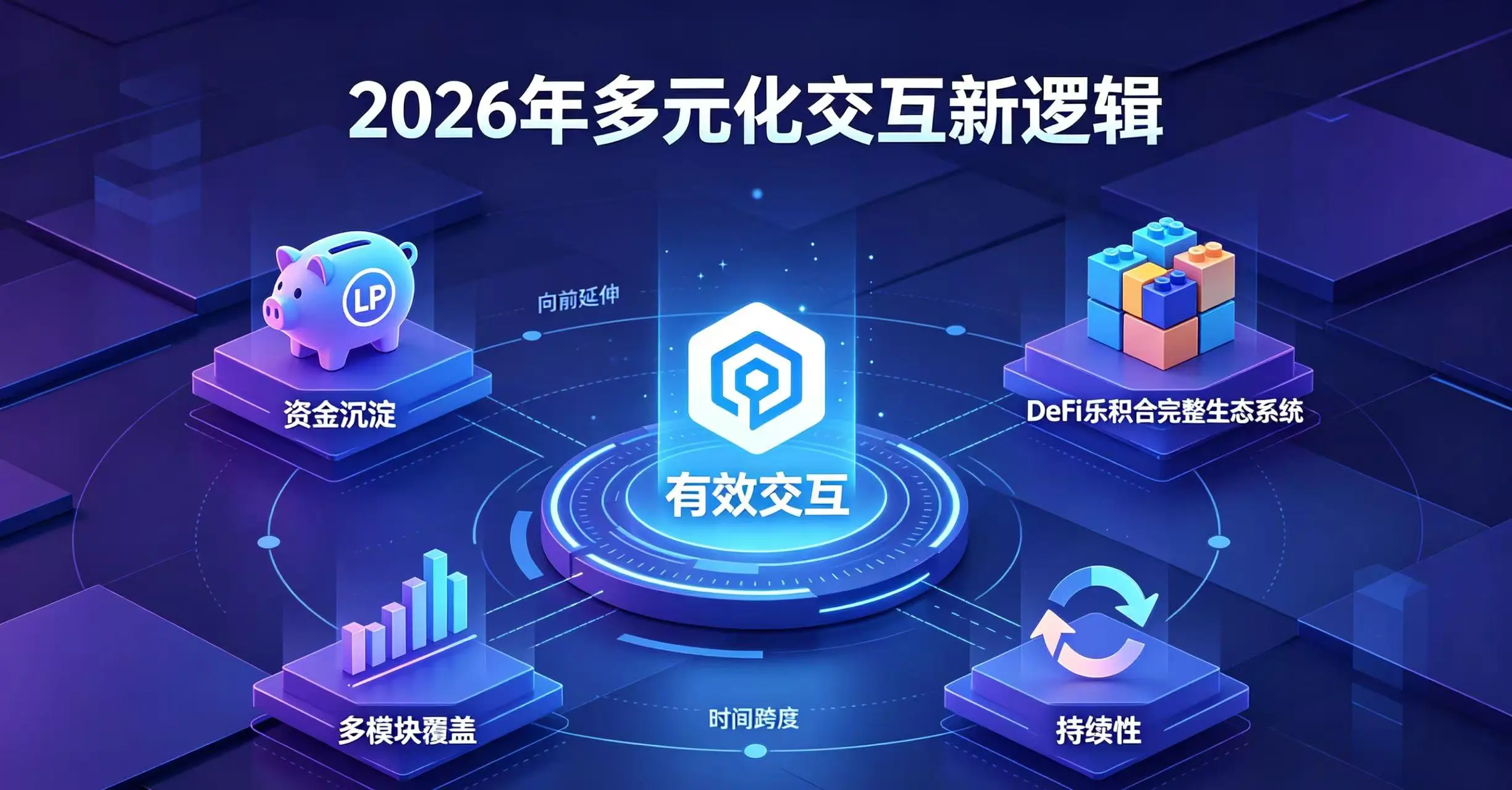 画面中心是 “有效交互” 图标,周围环绕着四个关键策略符号:资金沉淀(带 LP 图标的存钱罐)、时间跨度(向前延伸的时间轴)、多模块覆盖(DeFi 乐高积木生态)、持续性(循环箭头)。 画面中心是 “有效交互” 图标,周围环绕着四个关键策略符号:资金沉淀(带 LP 图标的存钱罐)、时间跨度(向前延伸的时间轴)、多模块覆盖(DeFi 乐高积木生态)、持续性(循环箭头)。