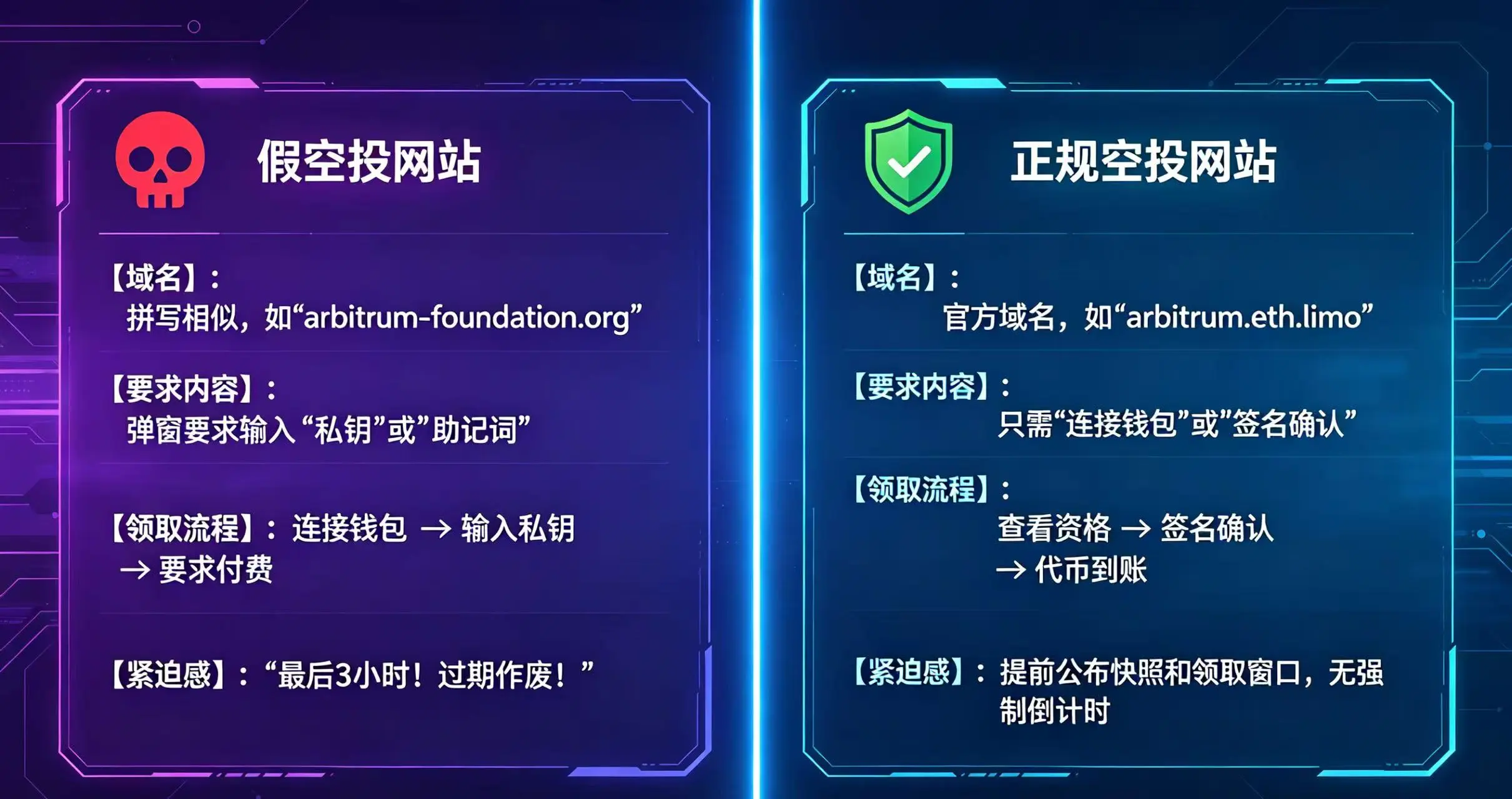 假空投网站” 与 “正规空投网站” 在域名、要求内容、领取流程和紧迫感等关键特征上的区别 假空投网站” 与 “正规空投网站” 在域名、要求内容、领取流程和紧迫感等关键特征上的区别